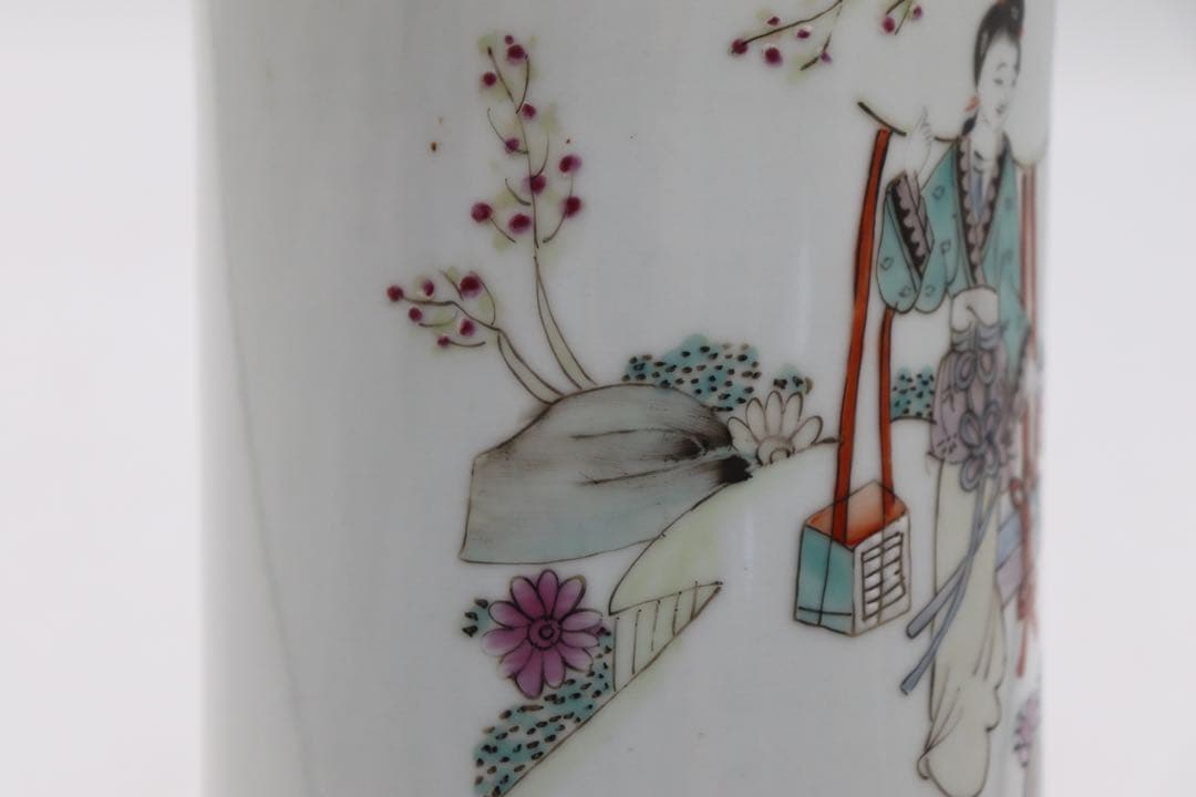 岐No28 中国　清時代　粉彩美女図筆筒　帽筒① 同治年製　送料込み0503