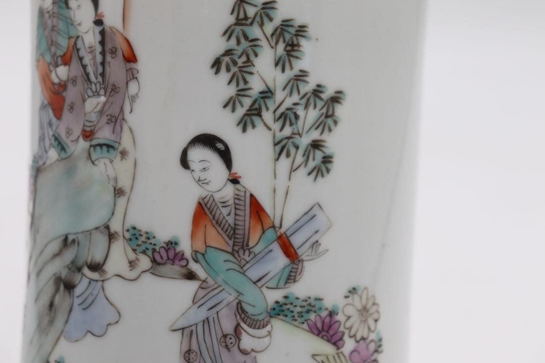 岐No28 中国　清時代　粉彩美女図筆筒　帽筒① 同治年製　送料込み0503