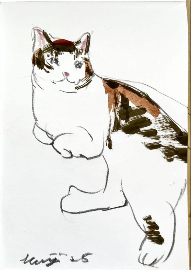 【鶴林】猫の油彩画 小型と猫 水彩画