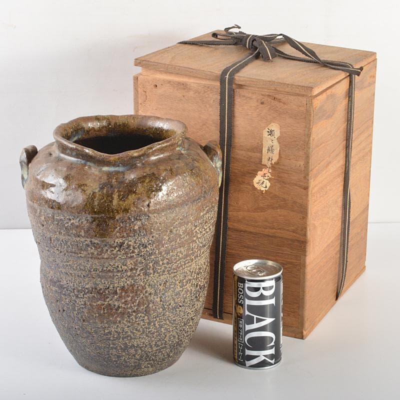 膳所焼　淡海ぜぜ　双耳壷　花瓶　在銘　時代箱　V　R6760B