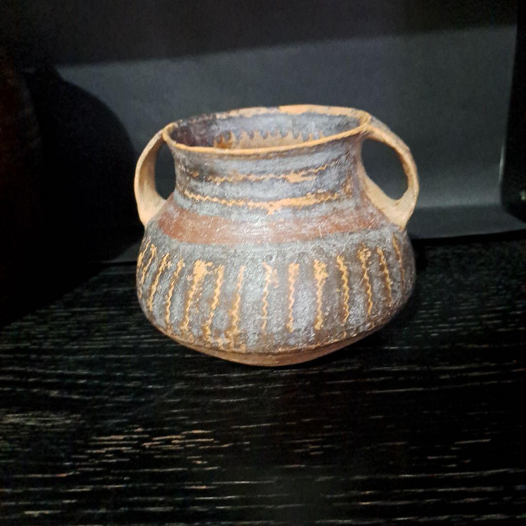 古代メキシコ産　土器　 水亀　水差し　縦縞模様