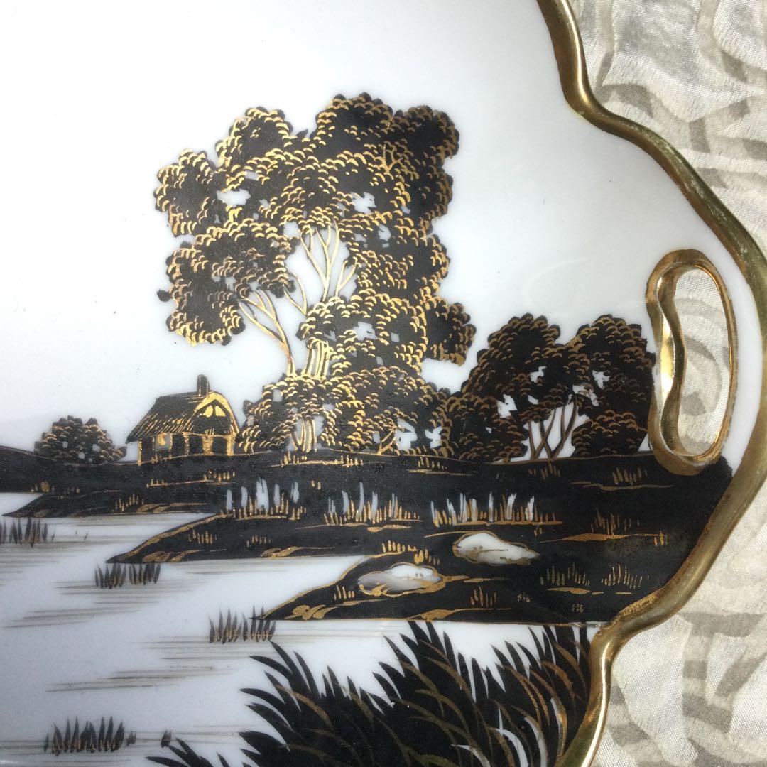 オールドノリタケ　風景画デザインの取手付き陶磁器皿