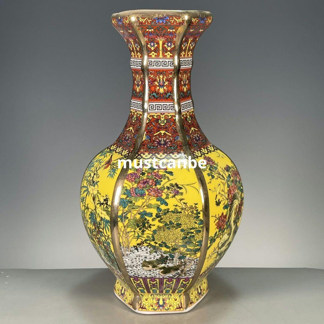 琺瑯黄色窓開け四季花鳥鶴六方花瓶 景徳鎮 陶磁器 装飾品 現代工芸品美術品 置物
