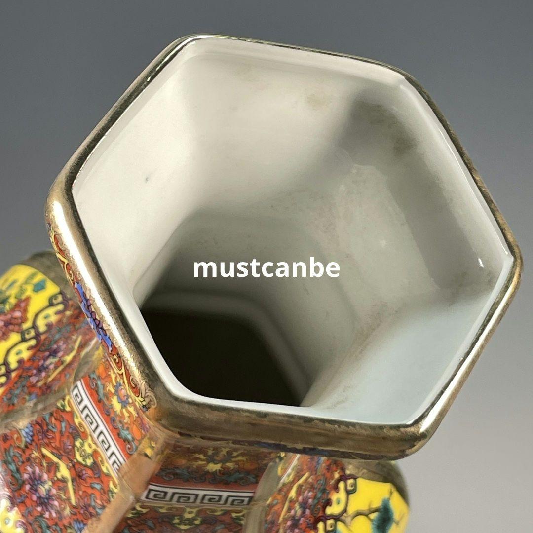 琺瑯黄色窓開け四季花鳥鶴六方花瓶 景徳鎮 陶磁器 装飾品 現代工芸品美術品 置物