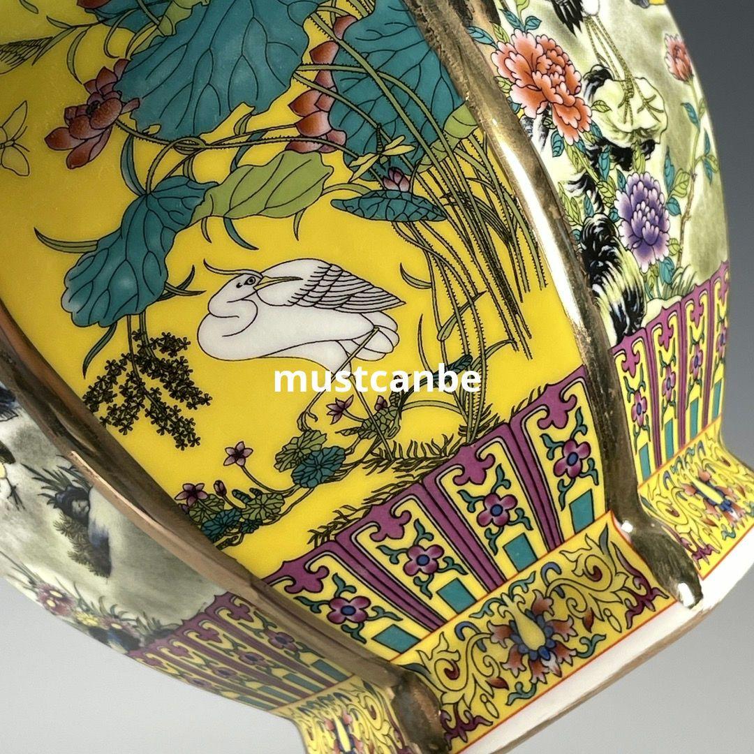 琺瑯黄色窓開け四季花鳥鶴六方花瓶 景徳鎮 陶磁器 装飾品 現代工芸品美術品 置物