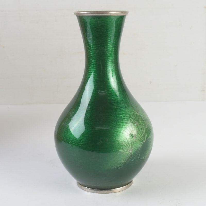 七宝焼　緑釉　松文　花瓶　共箱　V　9827