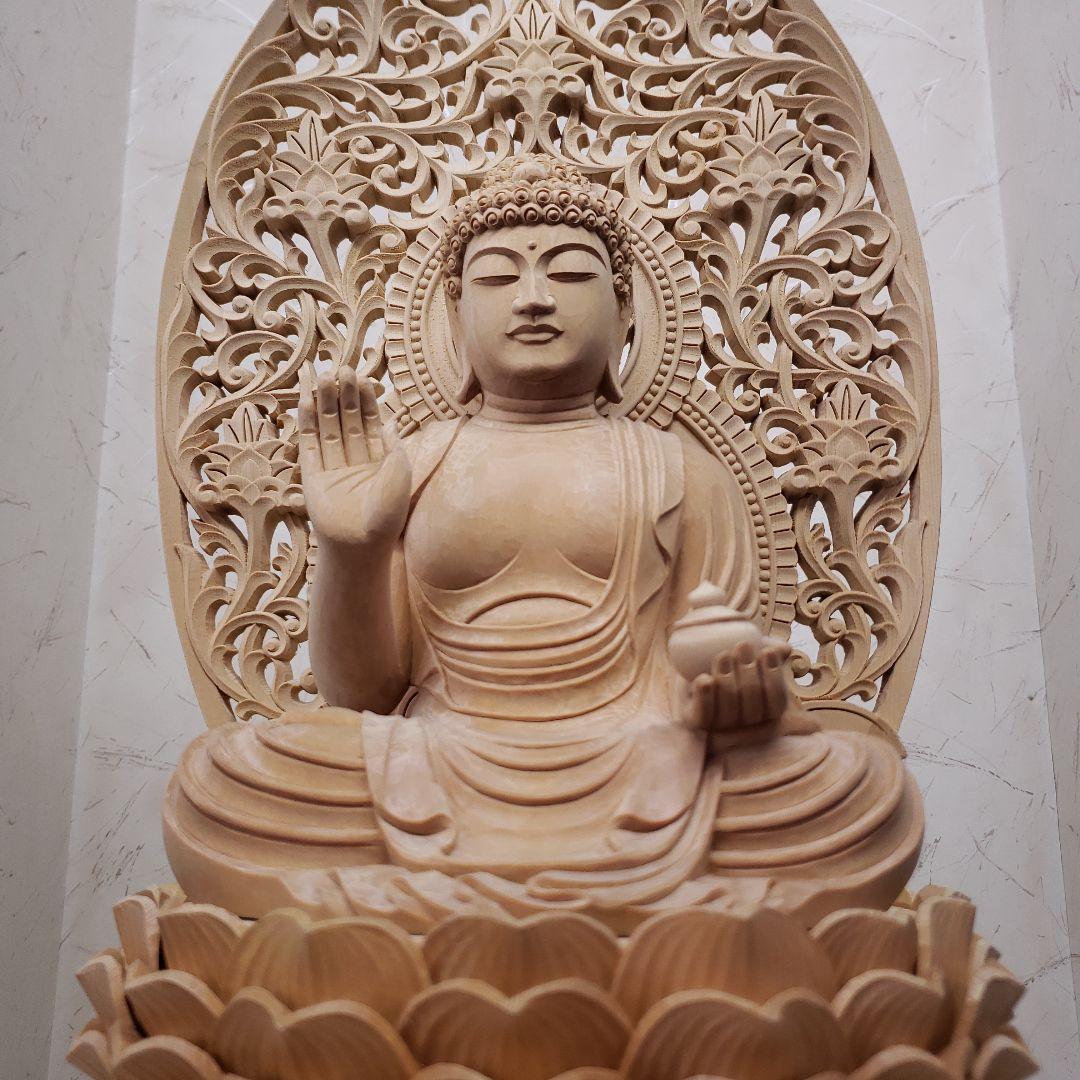 Ｂフライデー蔵出し特価仏像上彫りヒバ材 薬師如来坐像6.0寸★お薬師さん