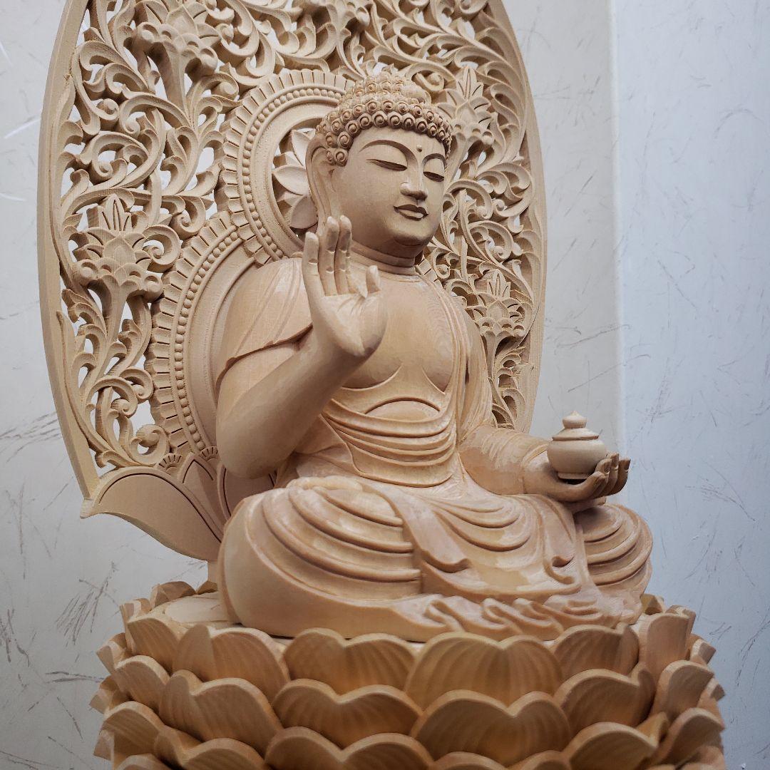 Ｂフライデー蔵出し特価仏像上彫りヒバ材 薬師如来坐像6.0寸★お薬師さん