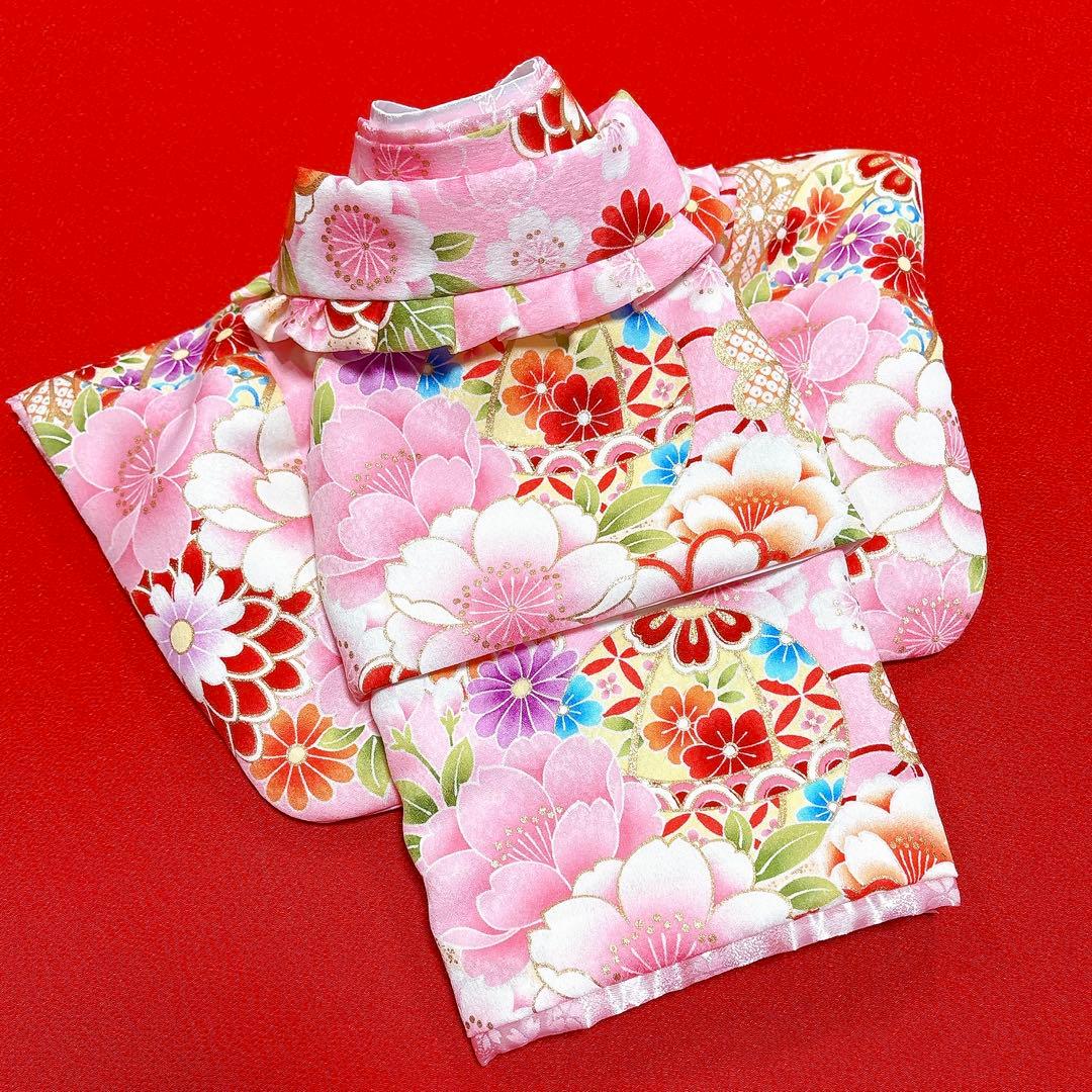 即納✨犬の着物&お被布セット 振袖 金彩入り ピンク S 洗える着物 犬服