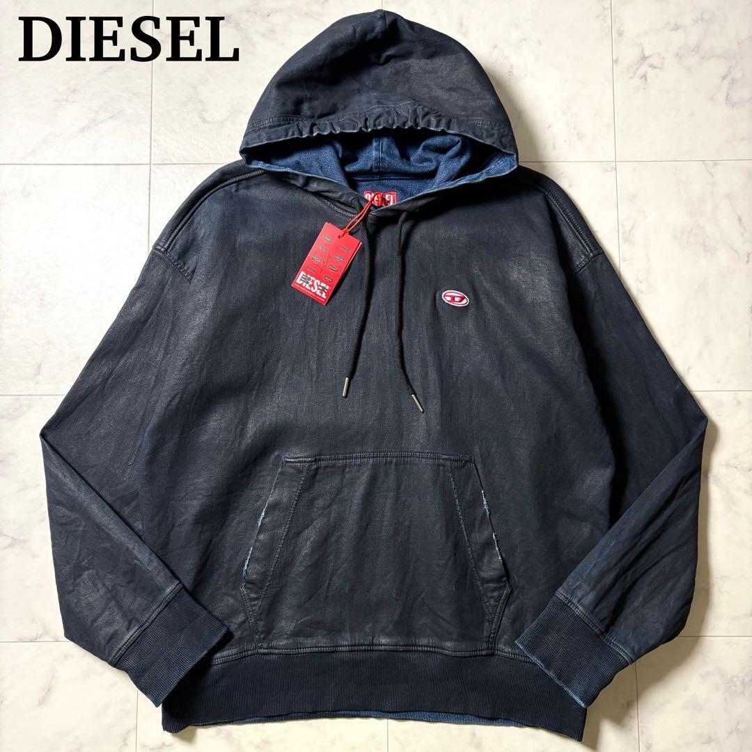 現行 DIESEL Dロゴ刺繍 デニム プルオーバー パーカー M タグ付属