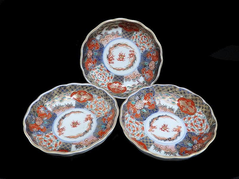 古伊万里　金襴手　宝珠に団龍紋　熨斗に花の図　膾皿　３客　D972AS-CBn