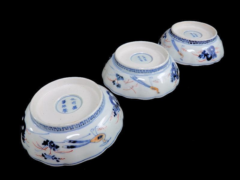 古伊万里　金襴手　宝珠に団龍紋　熨斗に花の図　膾皿　３客　D972AS-CBn