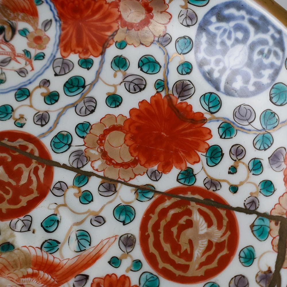 江戸中後期九代～十代柿右衛門 短冊酒柿銘 大和明暦年製 染錦手龍鳳凰紋菓子皿金継