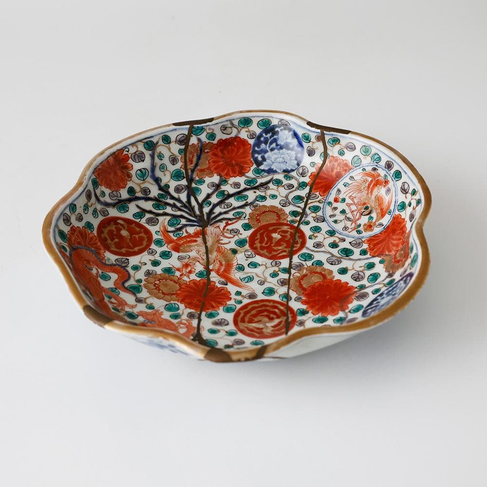 江戸中後期九代～十代柿右衛門 短冊酒柿銘 大和明暦年製 染錦手龍鳳凰紋菓子皿金継