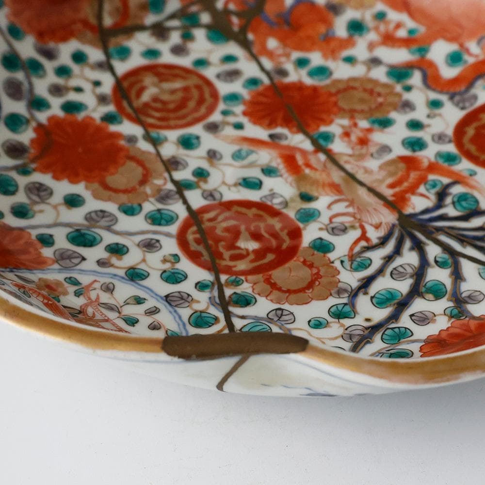 江戸中後期九代～十代柿右衛門 短冊酒柿銘 大和明暦年製 染錦手龍鳳凰紋菓子皿金継