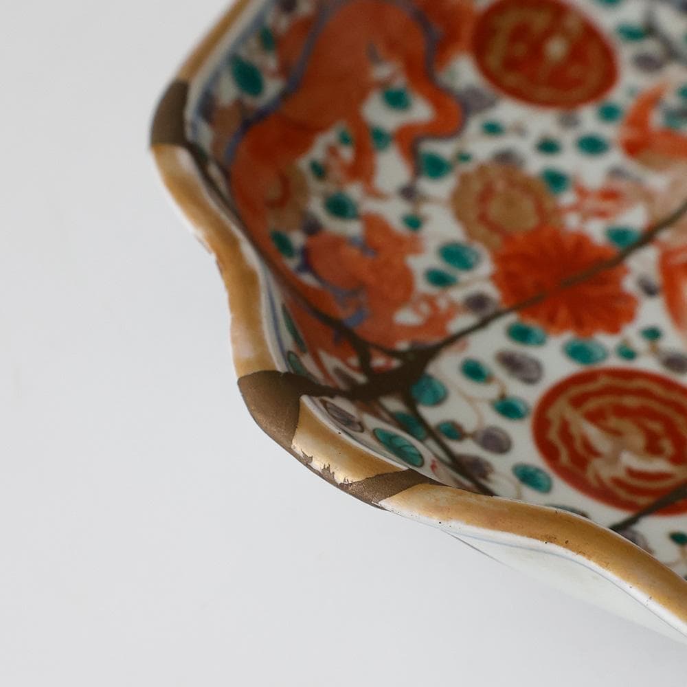 江戸中後期九代～十代柿右衛門 短冊酒柿銘 大和明暦年製 染錦手龍鳳凰紋菓子皿金継