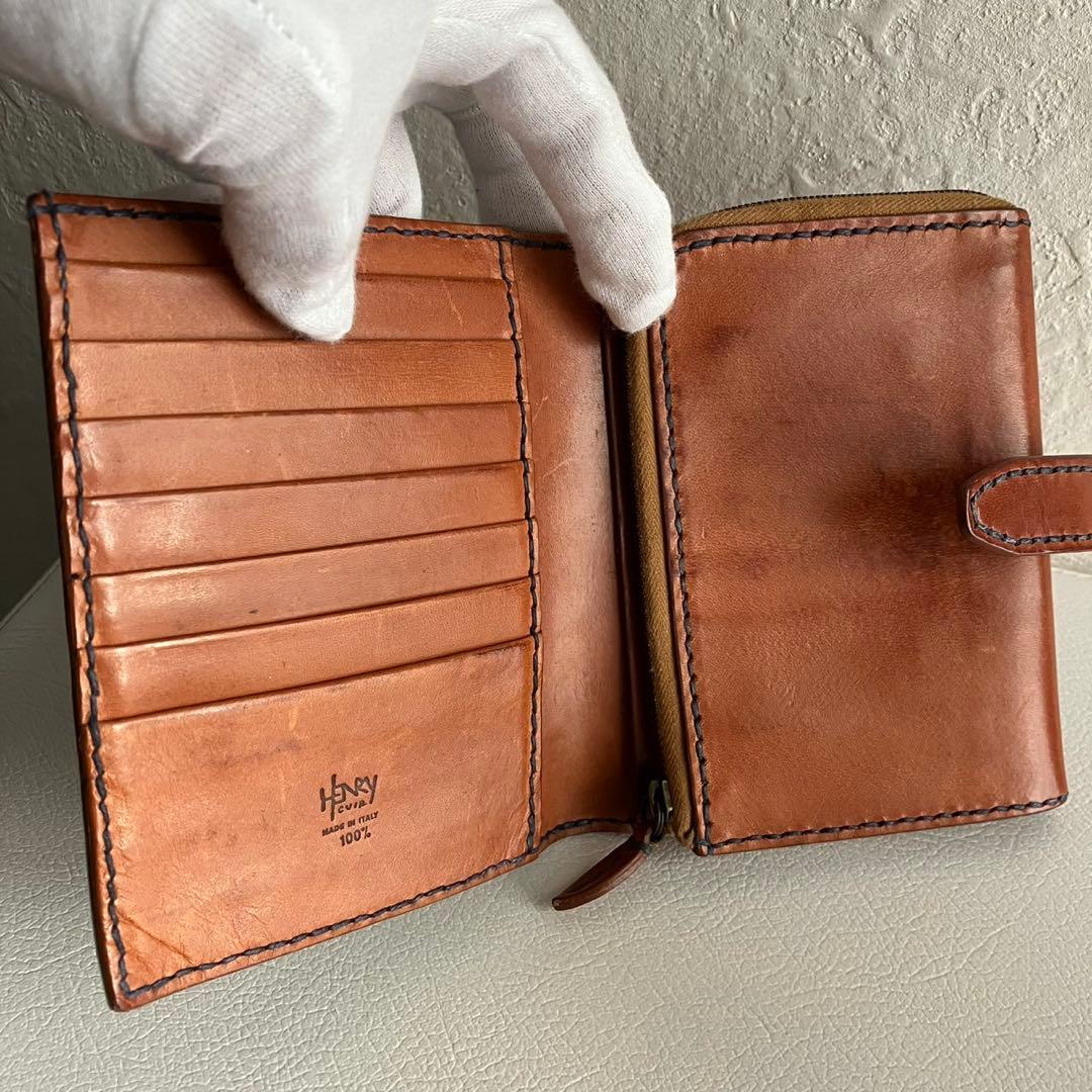 廃盤 希少 HENRY CUIR 折り財布 手帳型 刺繍 レザー ブラウン