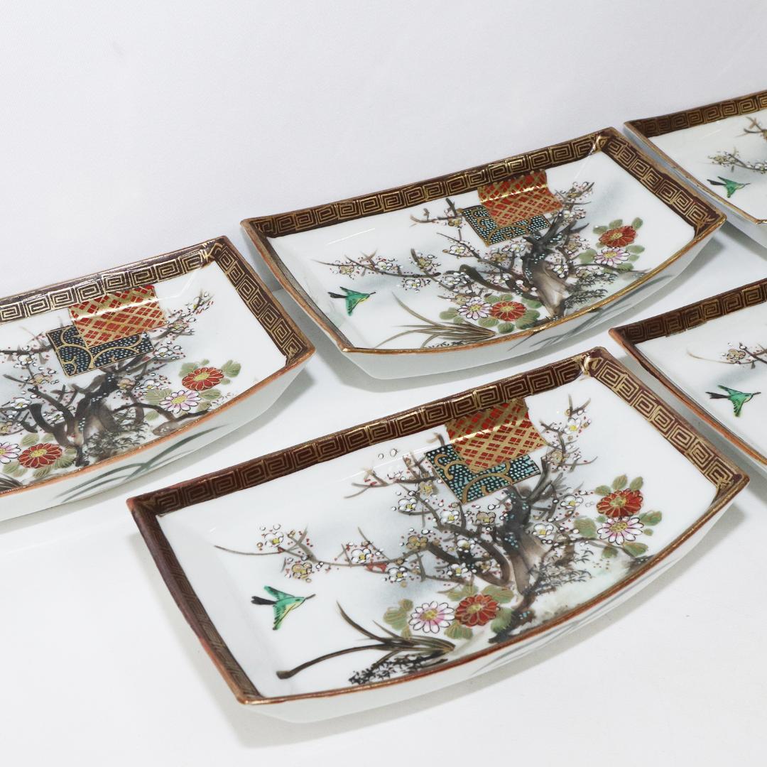 九谷焼 青粒 梅に鶯 刺身皿 角皿　明治九谷　5客