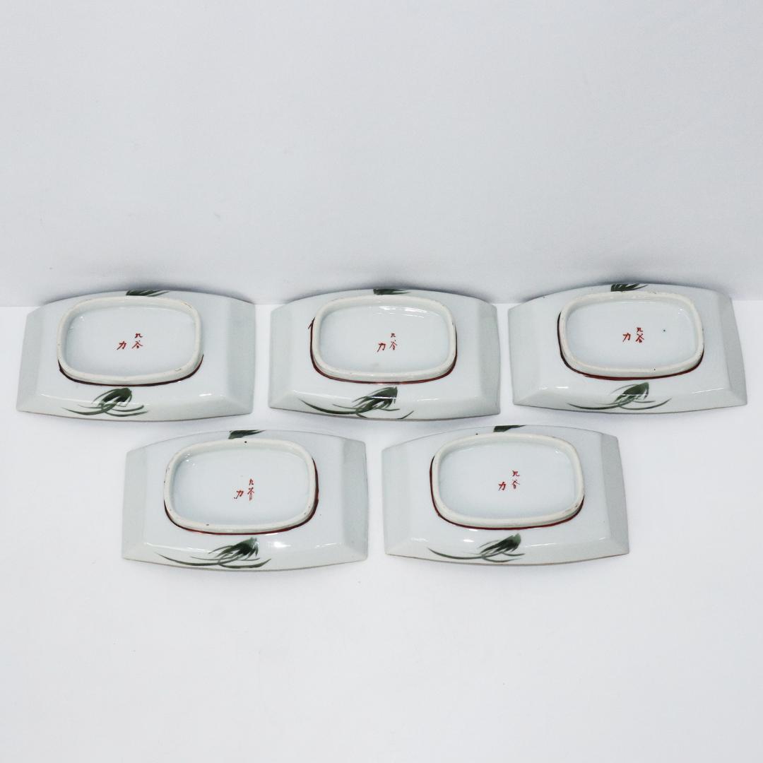 九谷焼 青粒 梅に鶯 刺身皿 角皿　明治九谷　5客