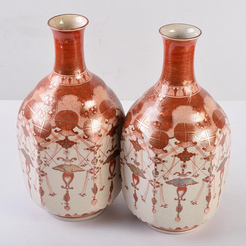 九谷焼　古九谷　赤絵金彩　瓔珞文　六角大徳利　一對　長壽箱付　G　R8975B