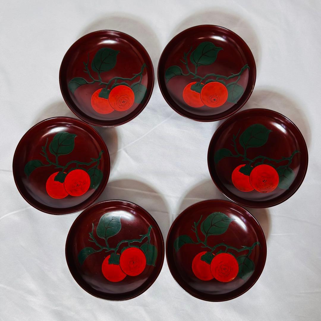 柿の柄がとても美しい【明治時代】の輪島塗 小皿 6枚