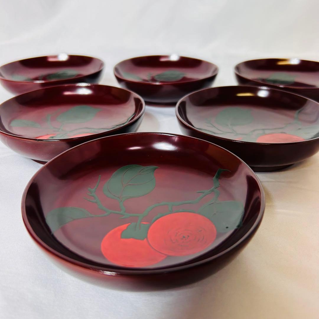 柿の柄がとても美しい【明治時代】の輪島塗 小皿 6枚