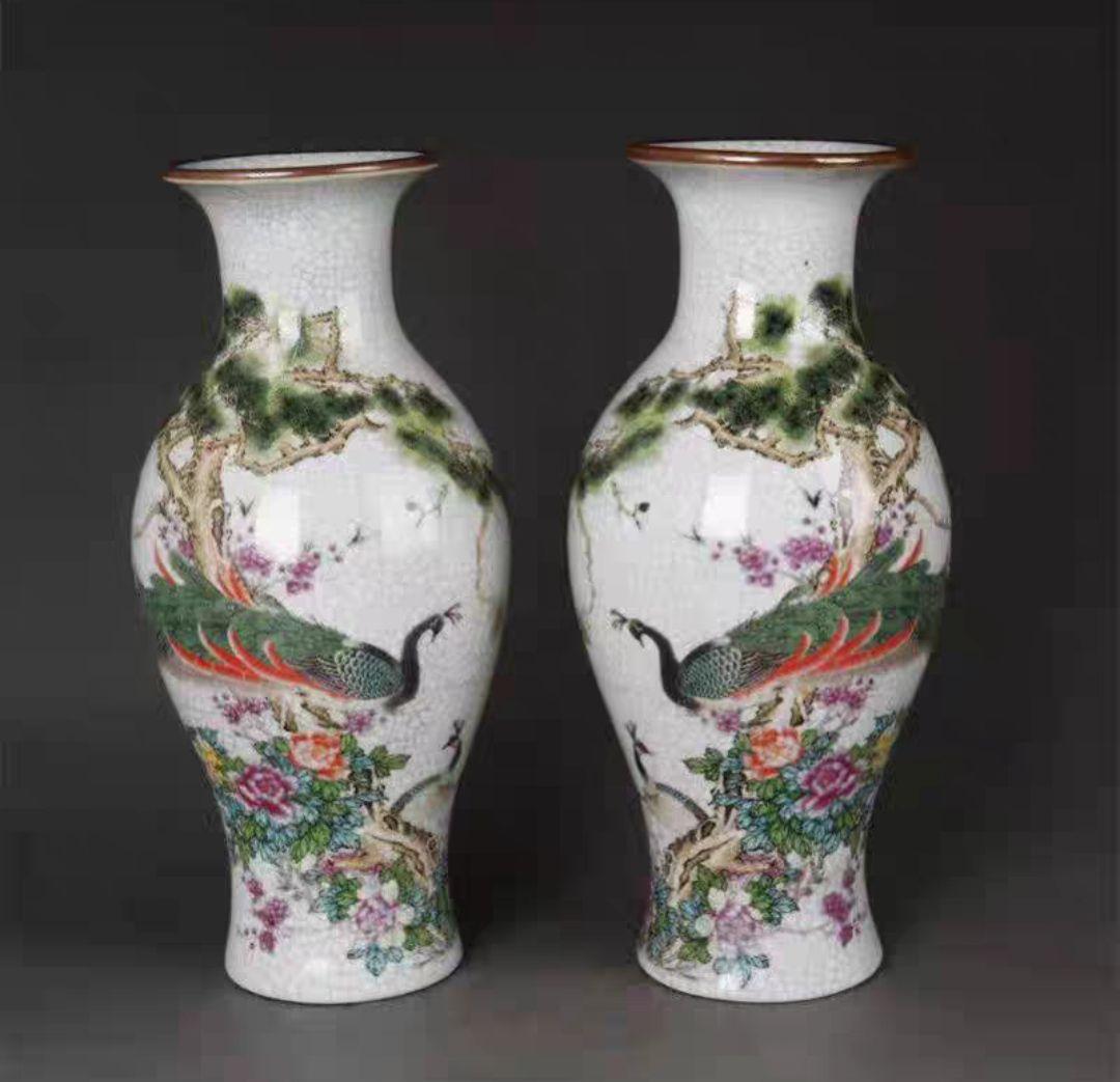 中国景徳鎮 富貴孔雀花瓶 陶器 アクセサリー 置物 ペア