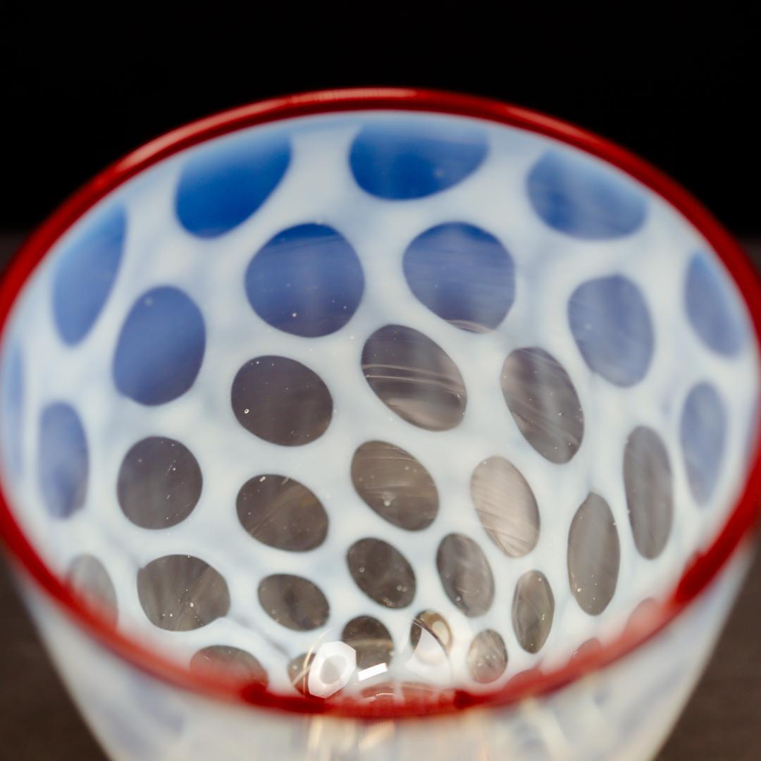 赤縁乳白水玉文 棗型氷コップ 和硝子 ウランガラス