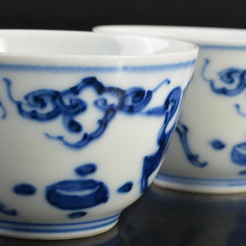 煎茶道具　京焼　平安春峰作　染付雲鶴文　煎茶器　宝瓶　煎茶碗四客　M　R6805