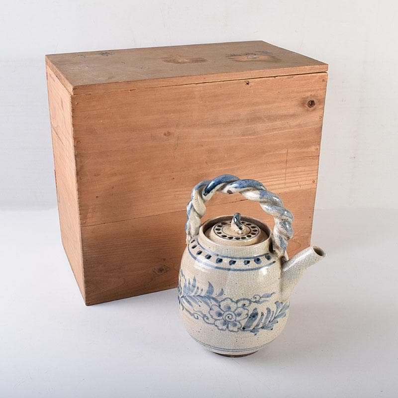 煎茶道具　益子焼　染付花文　大きめ急須　茶壷　時代箱　C　R8055C