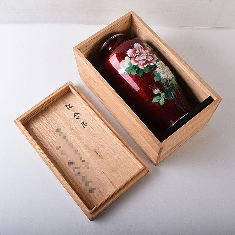 七宝焼　安藤七宝店造　赤透　薔薇文　花瓶　共箱　7891C