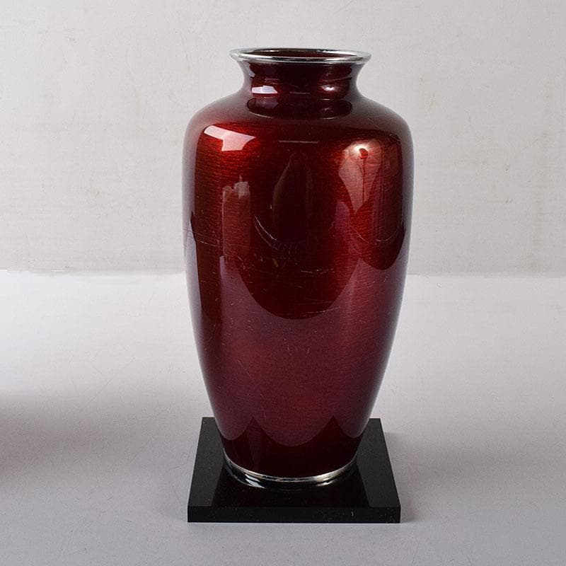 七宝焼　安藤七宝店造　赤透　薔薇文　花瓶　共箱　7891C