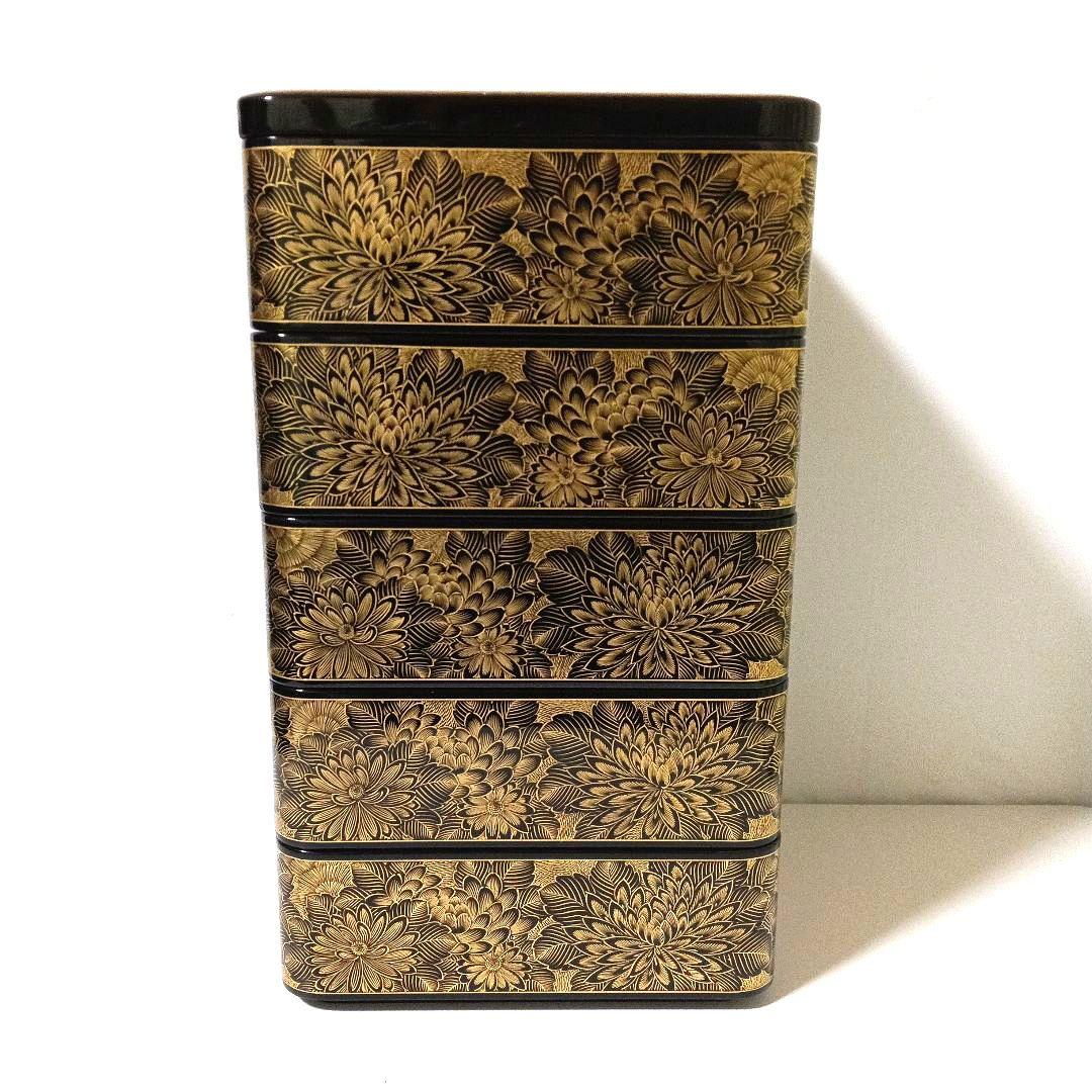 能登輪島塗 前田漆器謹製 極上 総菊詰沈金 五段重箱 蓋二枚 漆塗り天然木 大型