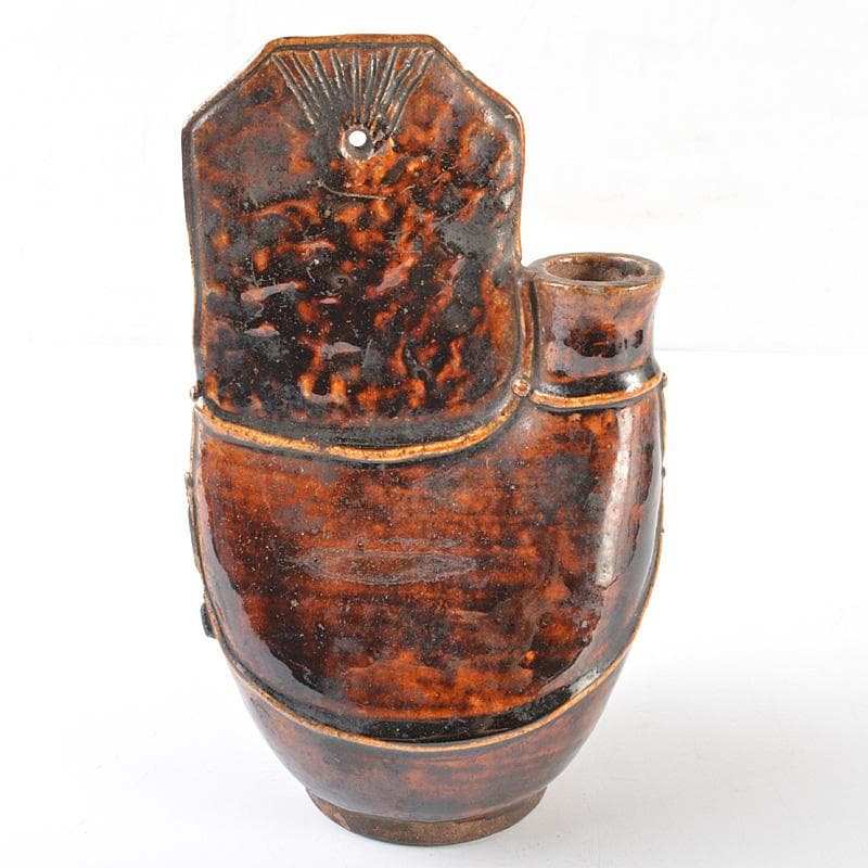 中国　飴釉　扁壷　花器　V　R6385