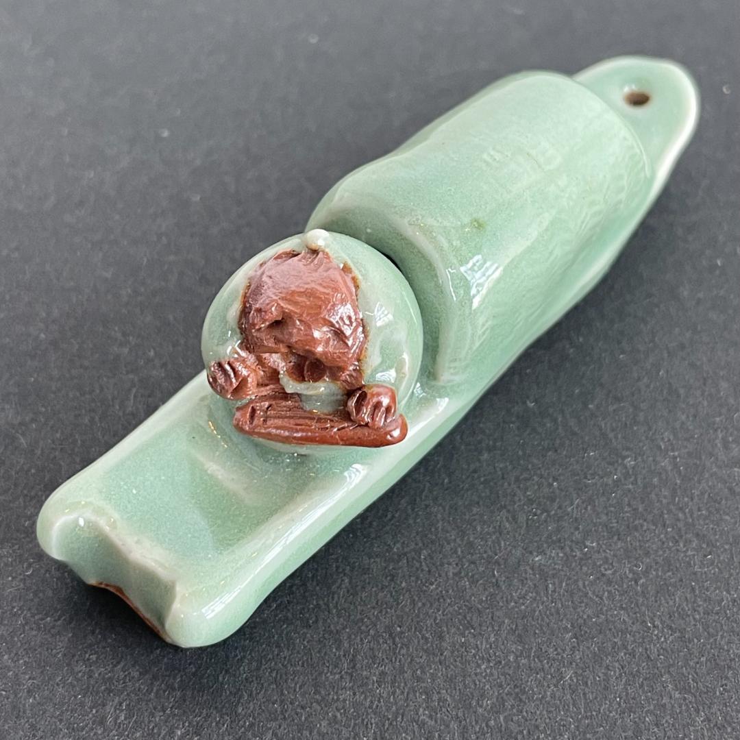 七官 青磁 豆人形 舟上人物式 香炉 香合 唐船 銘有 共箱 茶道具 トキヤロ