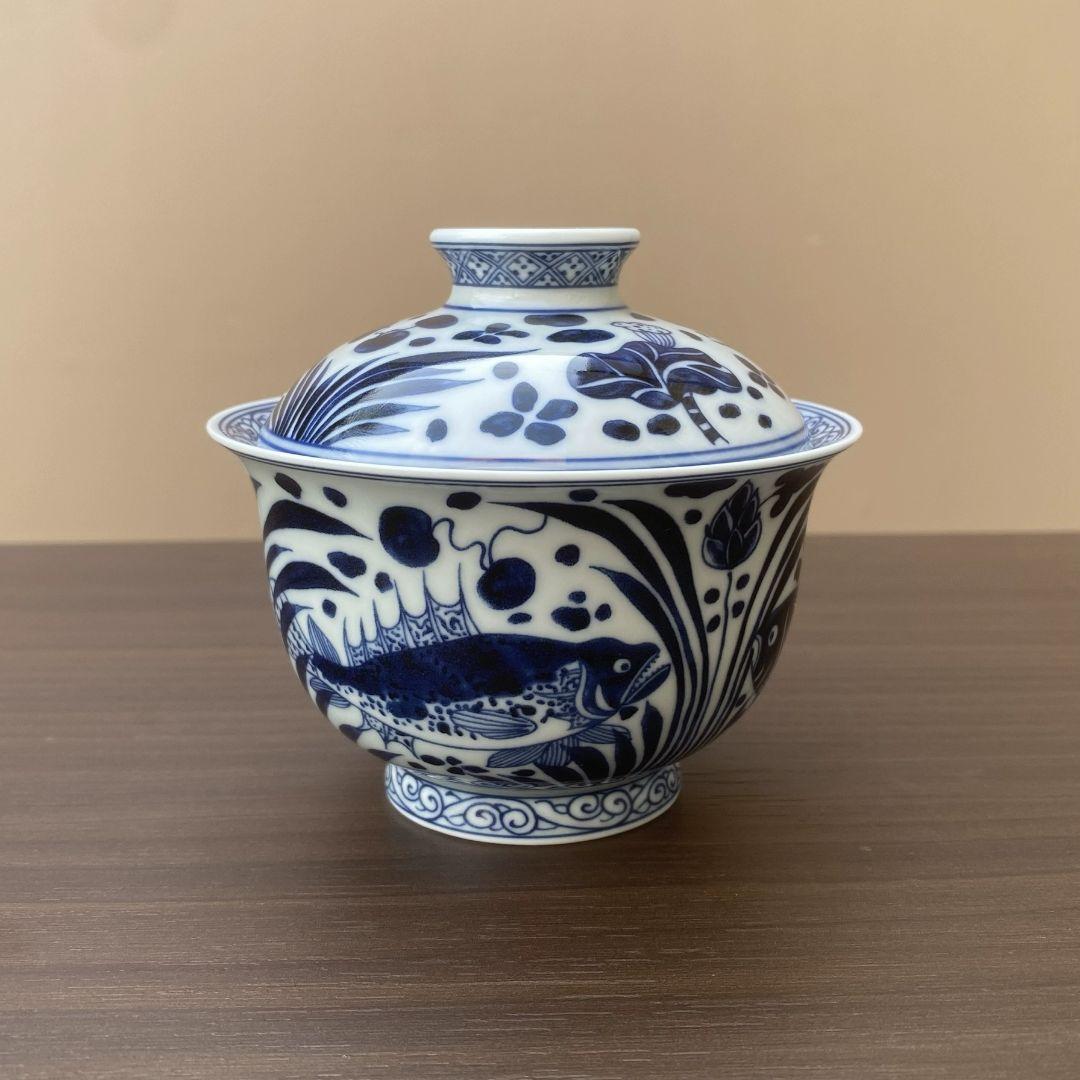 景徳鎮 元青花磁器魚藻紋懸停二才蓋碗 茶碗 煎茶器