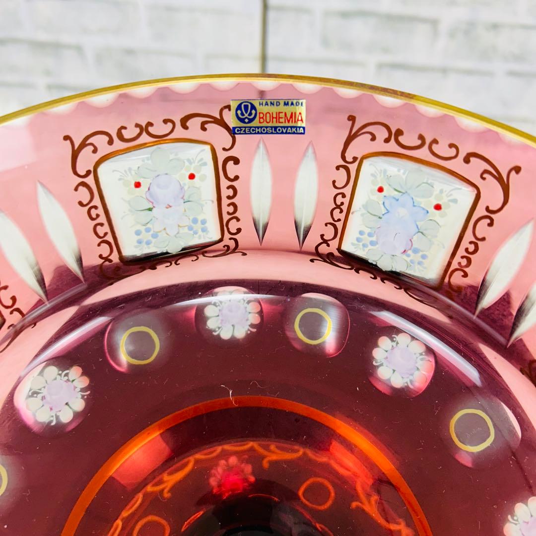 BOHEMIA チェコスロバキア製 ピンクガラス フラワーベース 金彩 グラス