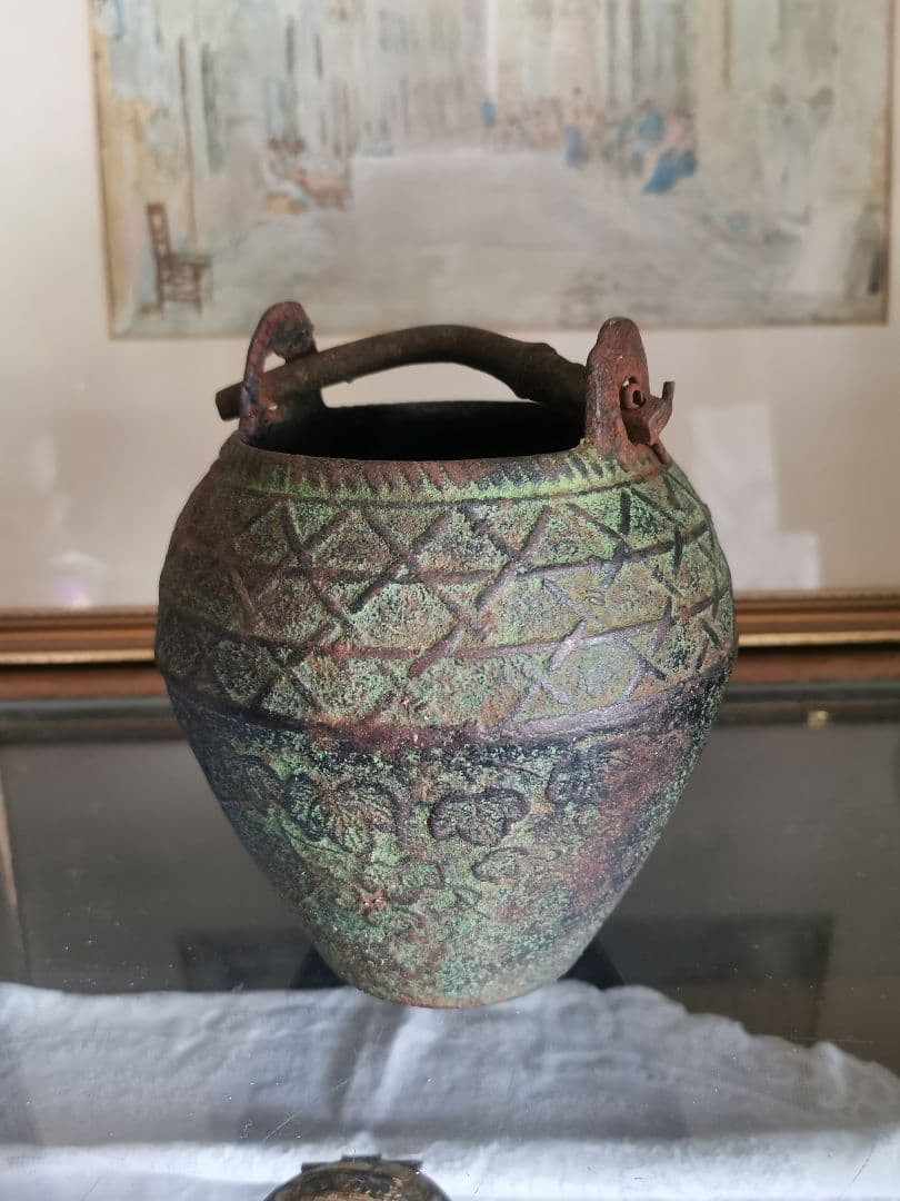 和骨董 青銅花瓶 美しい緑青 朝顔/蔦葉紋 竹象手付き花器 花入れ アンティーク