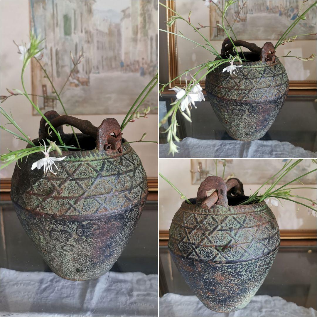 和骨董 青銅花瓶 美しい緑青 朝顔/蔦葉紋 竹象手付き花器 花入れ アンティーク