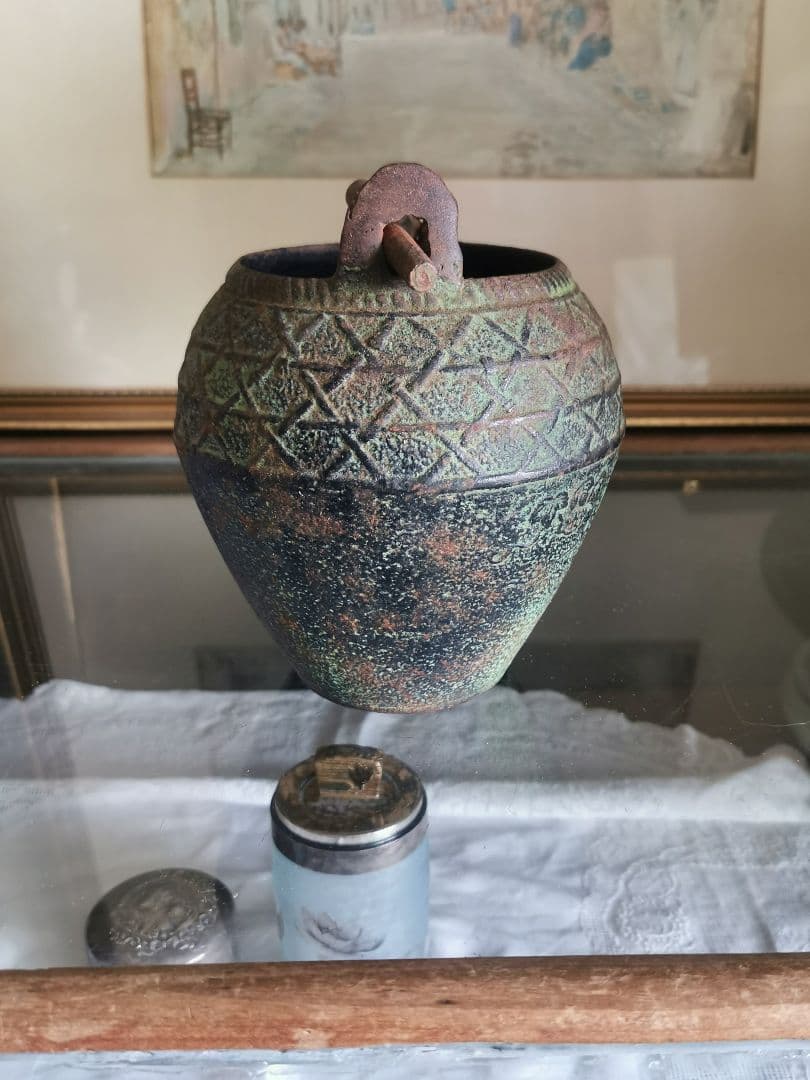 和骨董 青銅花瓶 美しい緑青 朝顔/蔦葉紋 竹象手付き花器 花入れ アンティーク