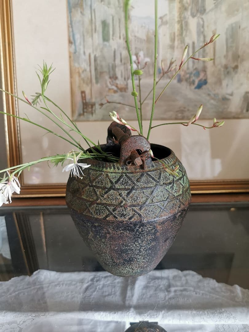 和骨董 青銅花瓶 美しい緑青 朝顔/蔦葉紋 竹象手付き花器 花入れ アンティーク