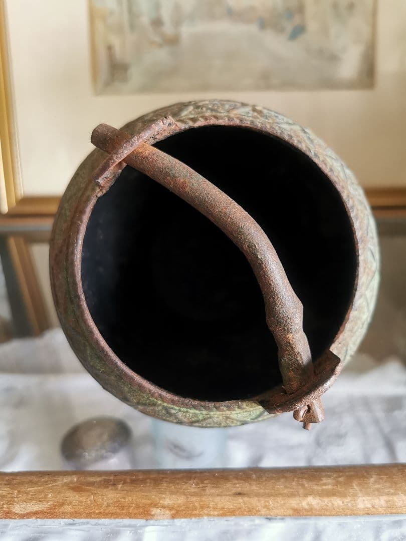 和骨董 青銅花瓶 美しい緑青 朝顔/蔦葉紋 竹象手付き花器 花入れ アンティーク