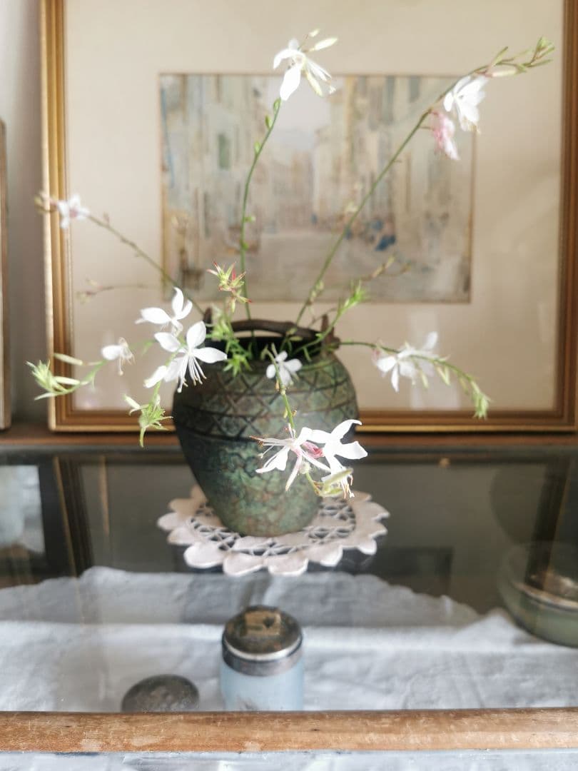 和骨董 青銅花瓶 美しい緑青 朝顔/蔦葉紋 竹象手付き花器 花入れ アンティーク