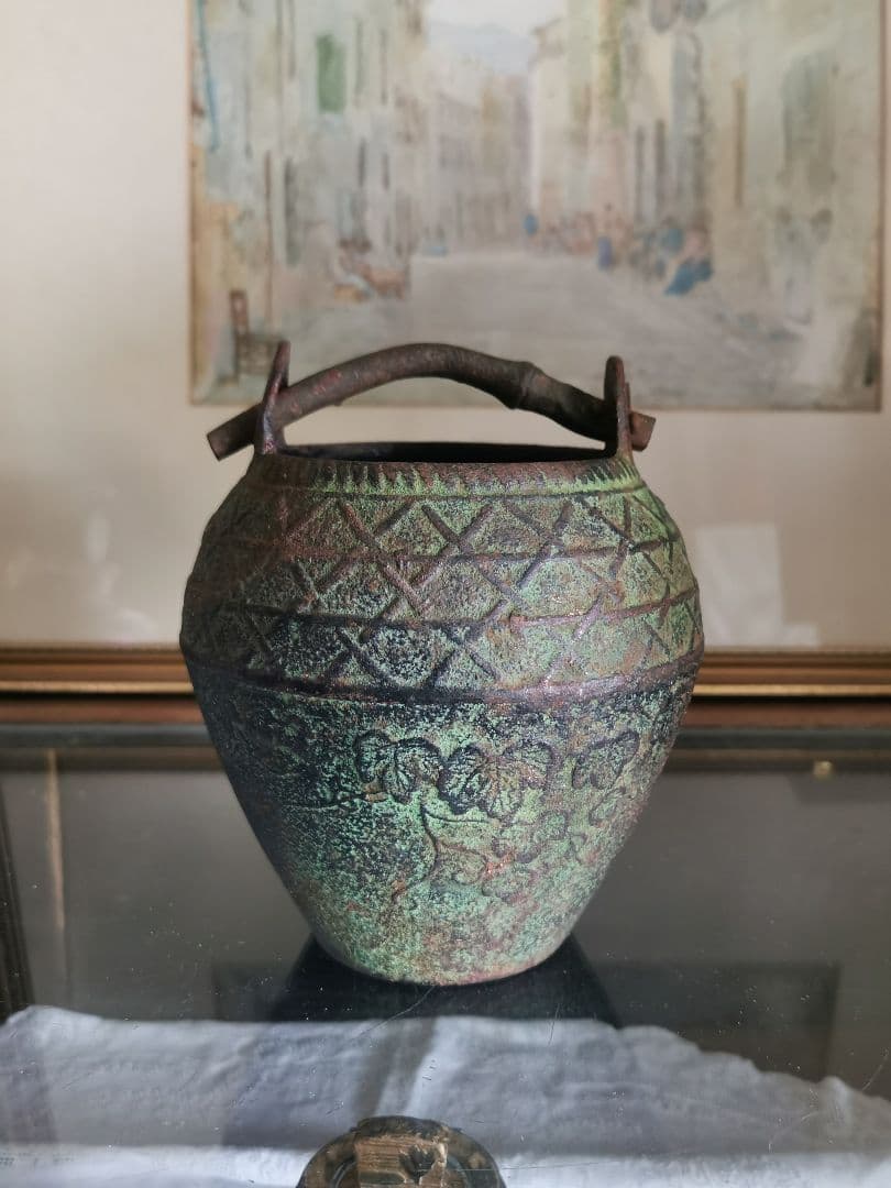 和骨董 青銅花瓶 美しい緑青 朝顔/蔦葉紋 竹象手付き花器 花入れ アンティーク