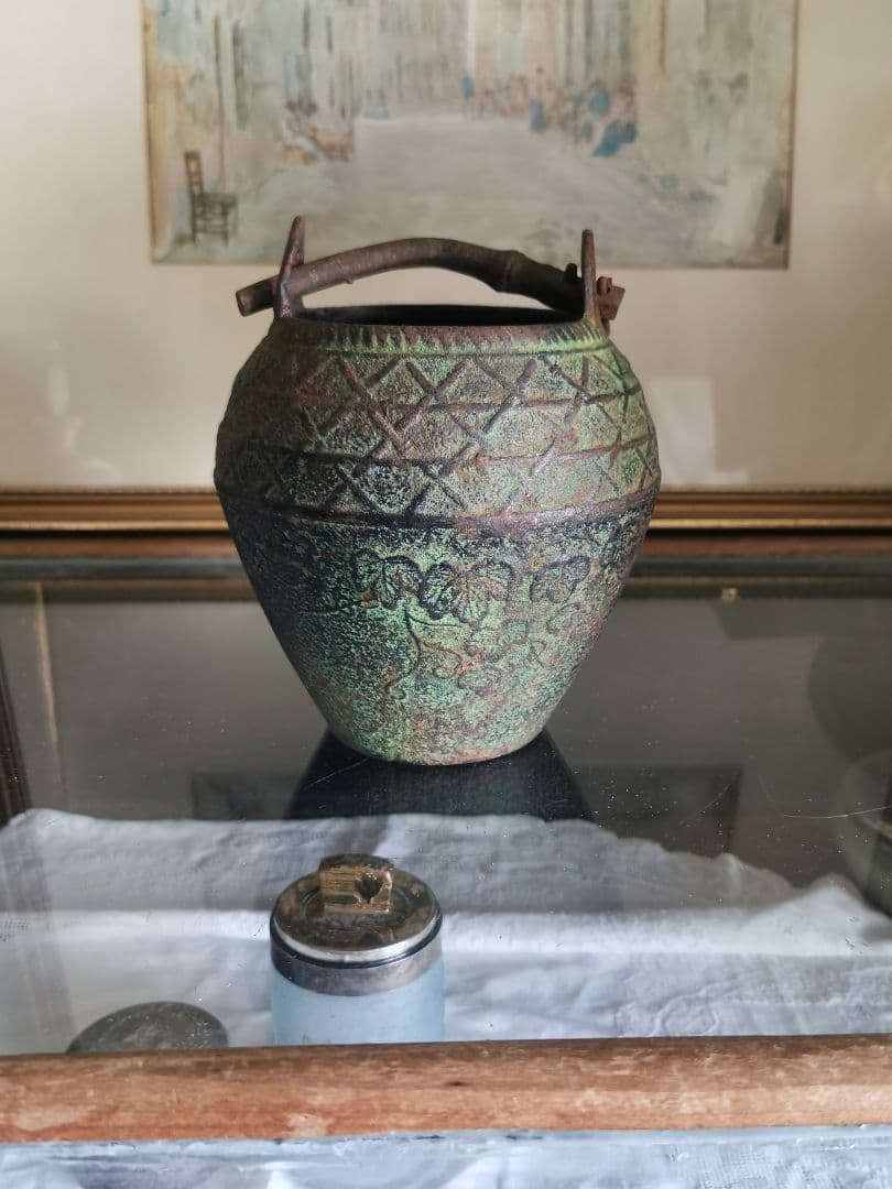 和骨董 青銅花瓶 美しい緑青 朝顔/蔦葉紋 竹象手付き花器 花入れ アンティーク