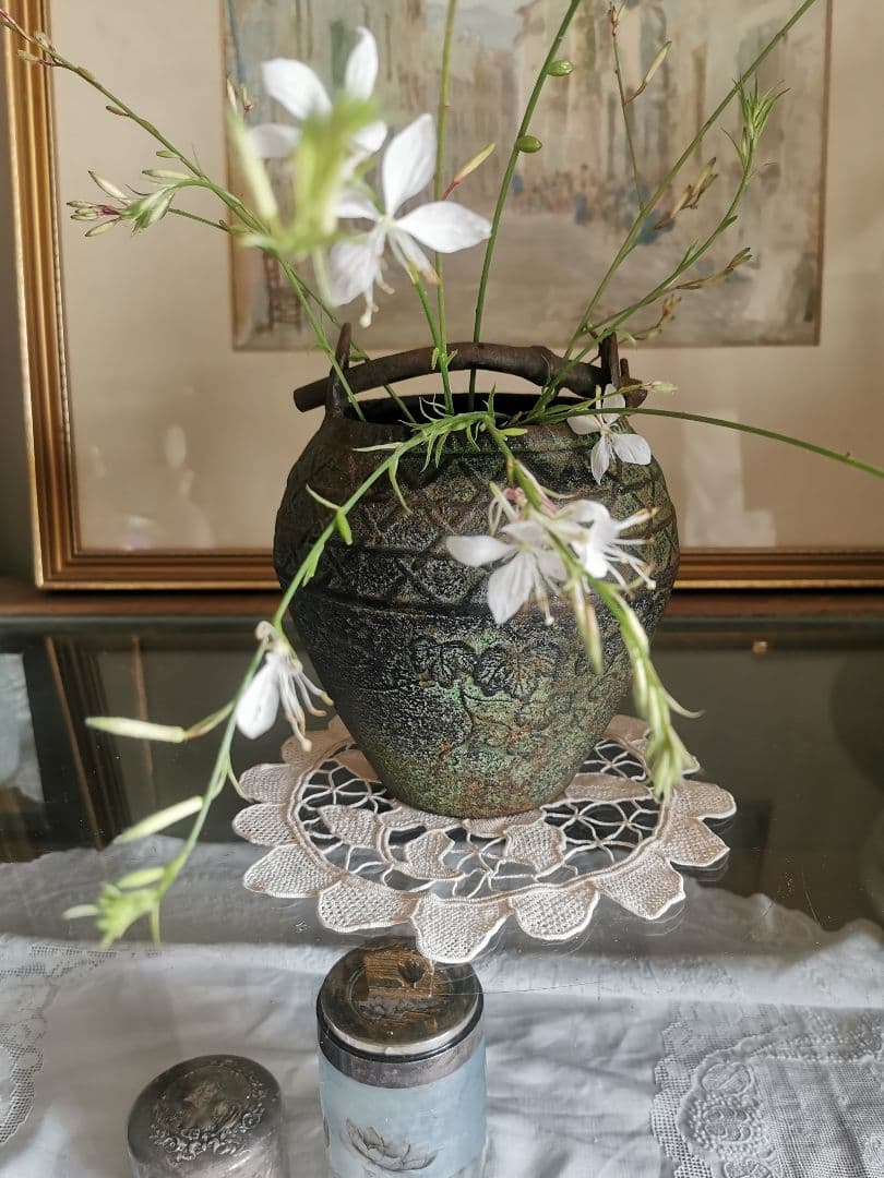 和骨董 青銅花瓶 美しい緑青 朝顔/蔦葉紋 竹象手付き花器 花入れ アンティーク