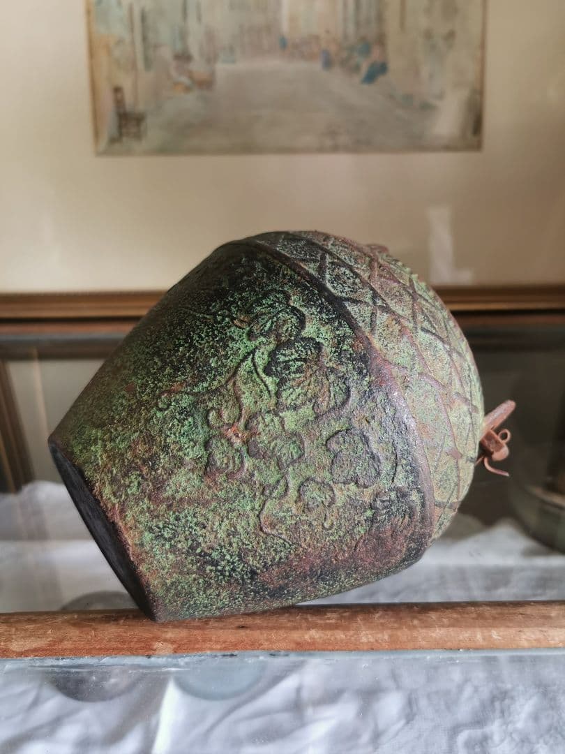 和骨董 青銅花瓶 美しい緑青 朝顔/蔦葉紋 竹象手付き花器 花入れ アンティーク