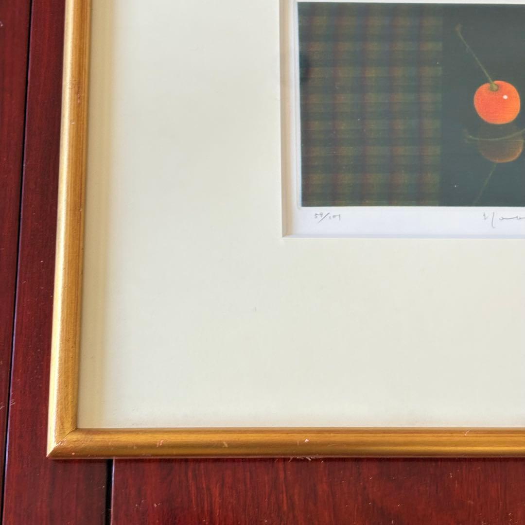佐藤暢男「さくらんぼ ふたつ」銅版画 59/101 額装 直筆サイン K