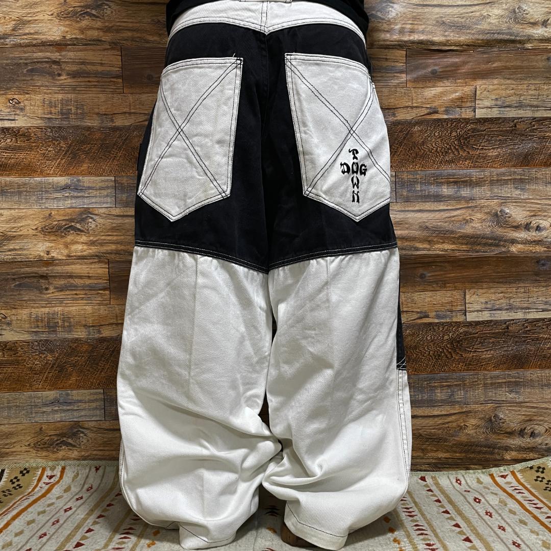 ドッグタウンバギーデニム白黒極太w31刺繍b系ストリートブラックホワイトデニム