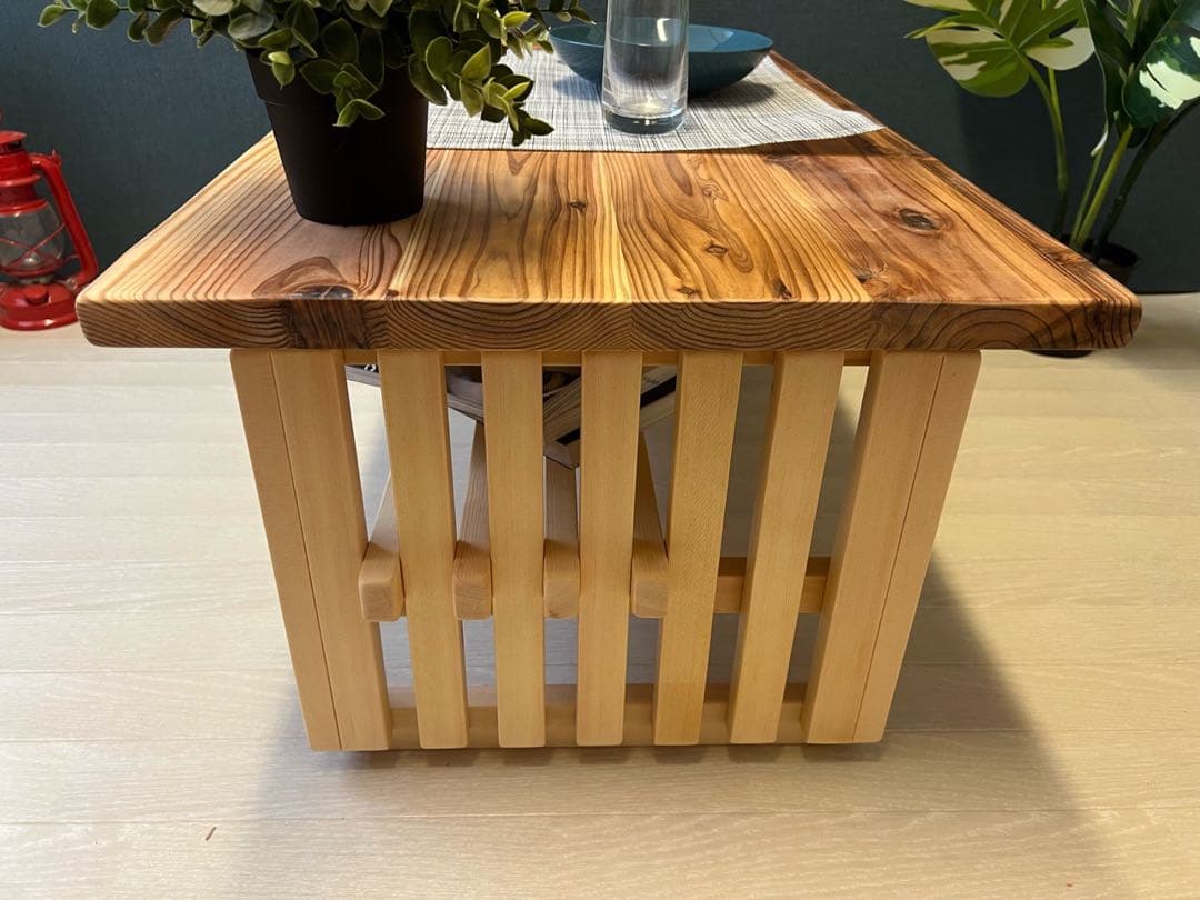 【オーダー】 ローテーブル 和風 木組縦格子 収納付き